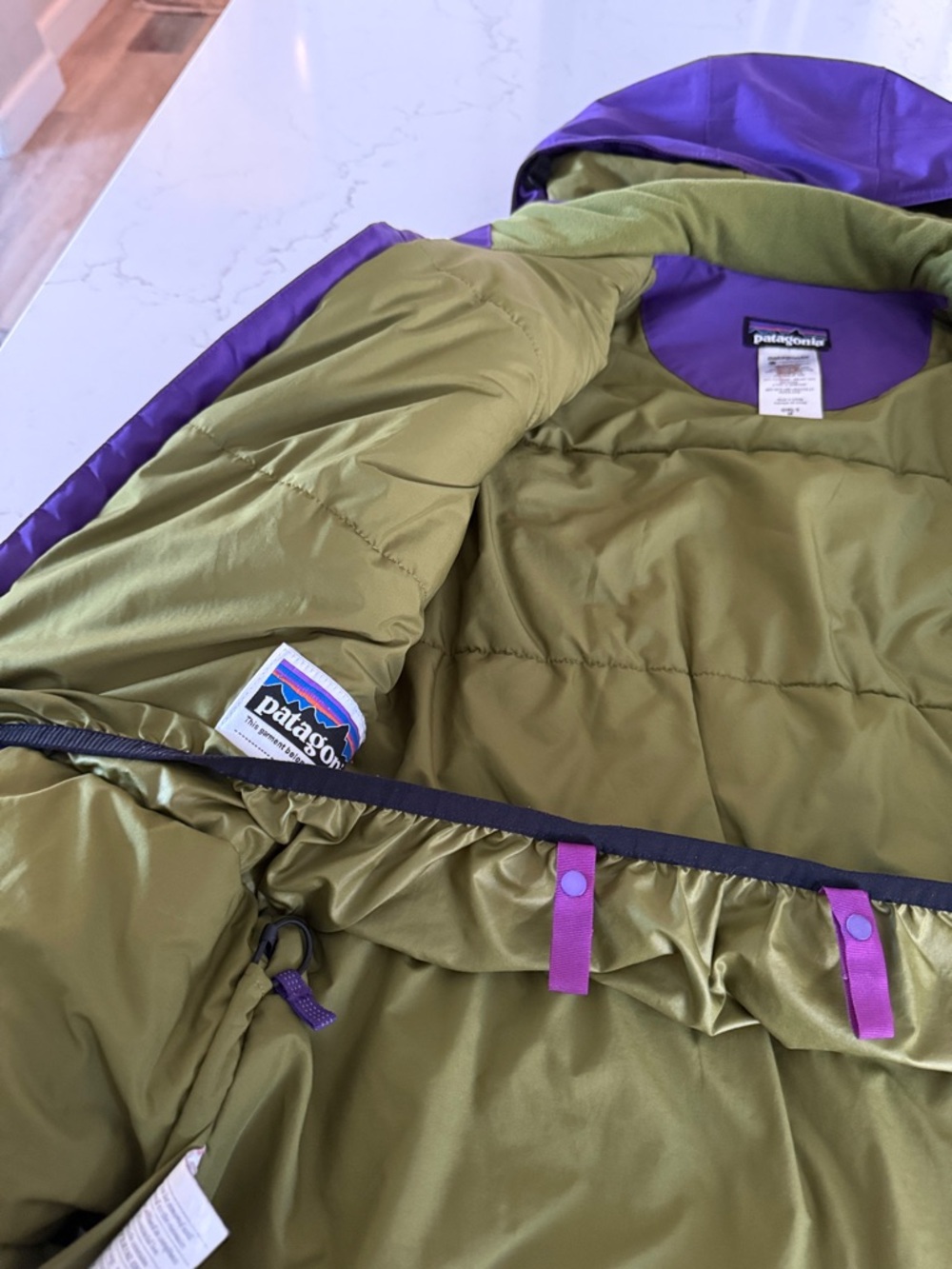 Patagonia Kids Purple and Magenta Hooded Ski Coat with Green Lining - Picture 2 of 3